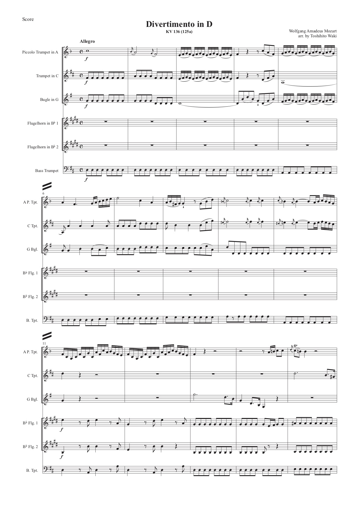 ディヴェルティメント K. 136 (モーツァルト) トランペット六重奏 | 金管アンサンブル楽譜 | NABEO Music Library